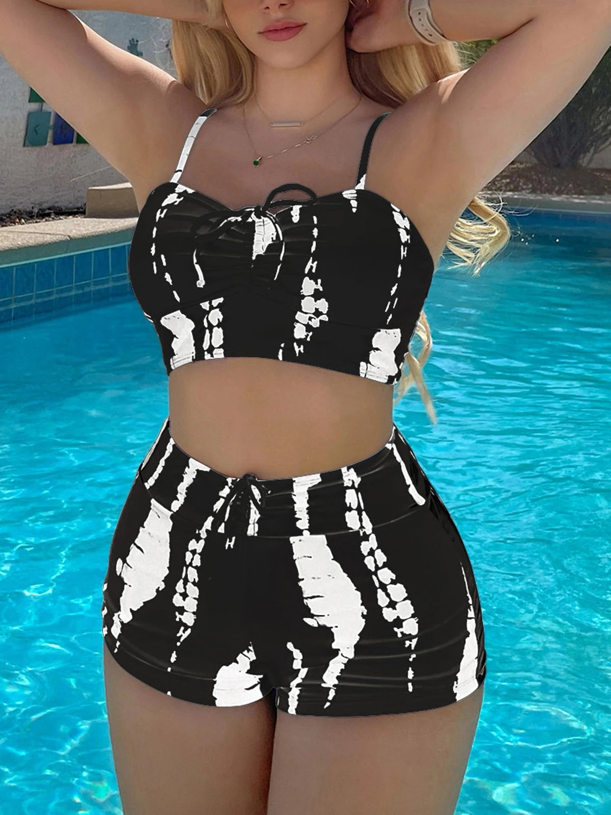 Maillot de bain bikini tie-dye avec cordon de serrage pour femme, short taille haute, rembourré