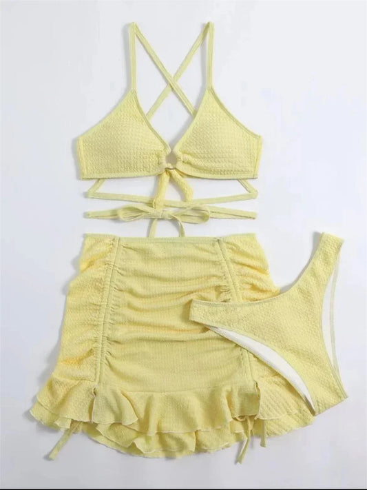 Maillot de bain 3 pièces  jaune pour femmes, anneau croisé, cache-maillot, jupe à volants