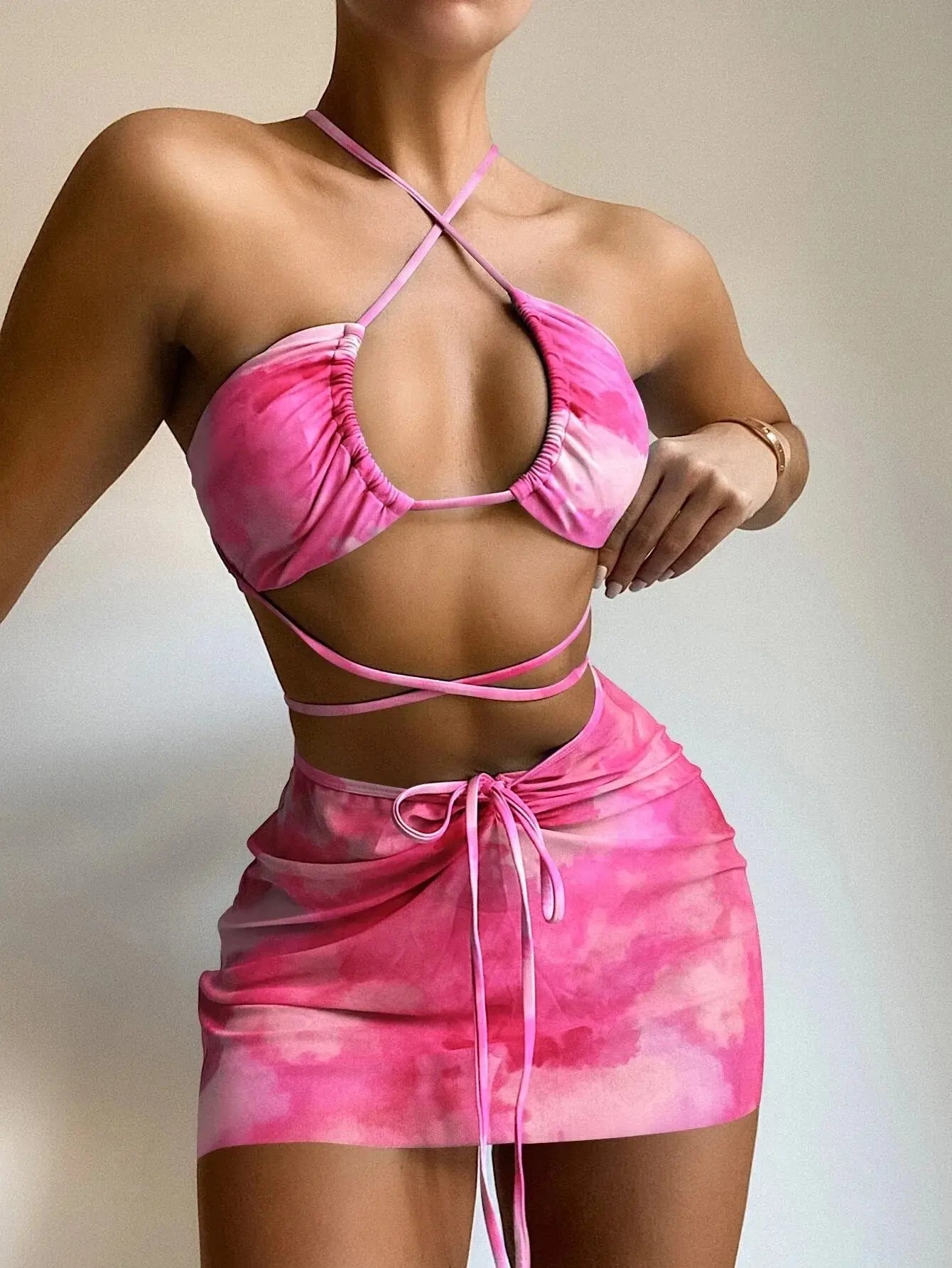 Maillot de bain 3 pièces tie-dye, ensemble deux pièces, jupe de plage, string, vêtements de plage, été