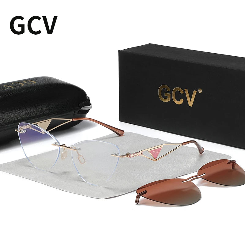 GCV Lunettes de soleil polarisées 2 en 1 pour femmes, flambant neuves, anti-lumière bleue, monture papillon