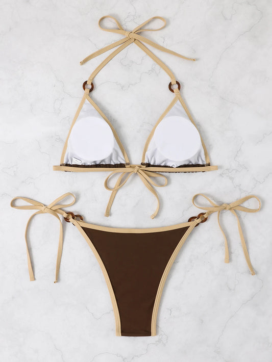 Maillot de bain triangle à reliure contrastée pour femme, ensemble deux pièces, col licou