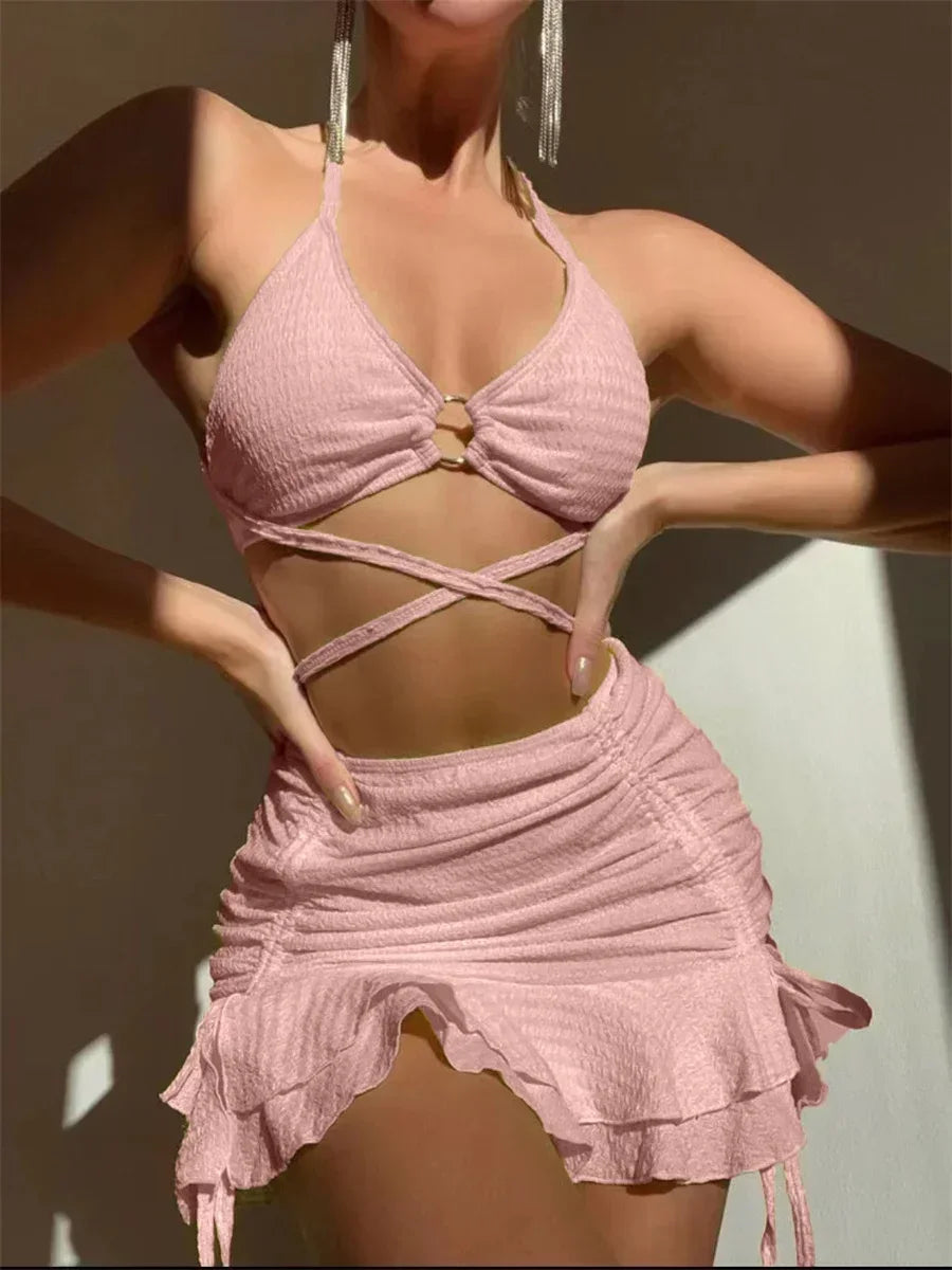 Maillot de bain 3 pièces  jaune pour femmes, anneau croisé, cache-maillot, jupe à volants