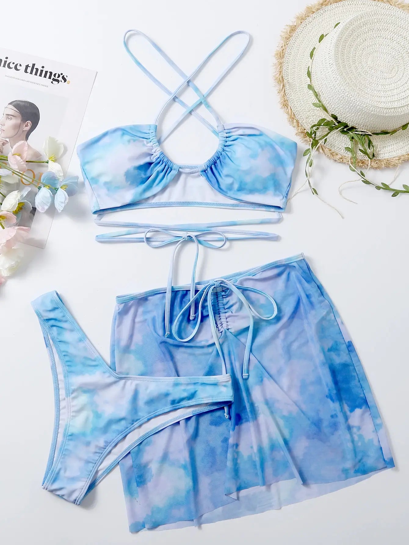 Maillot de bain 3 pièces tie-dye, ensemble deux pièces, jupe de plage, string, vêtements de plage, été