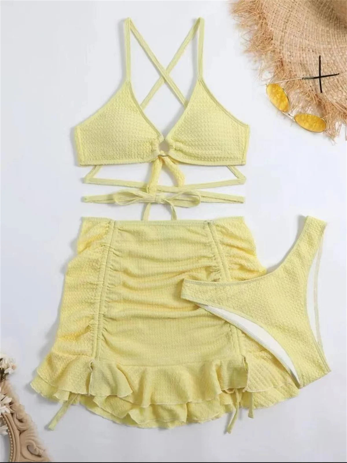 Maillot de bain 3 pièces  jaune pour femmes, anneau croisé, cache-maillot, jupe à volants