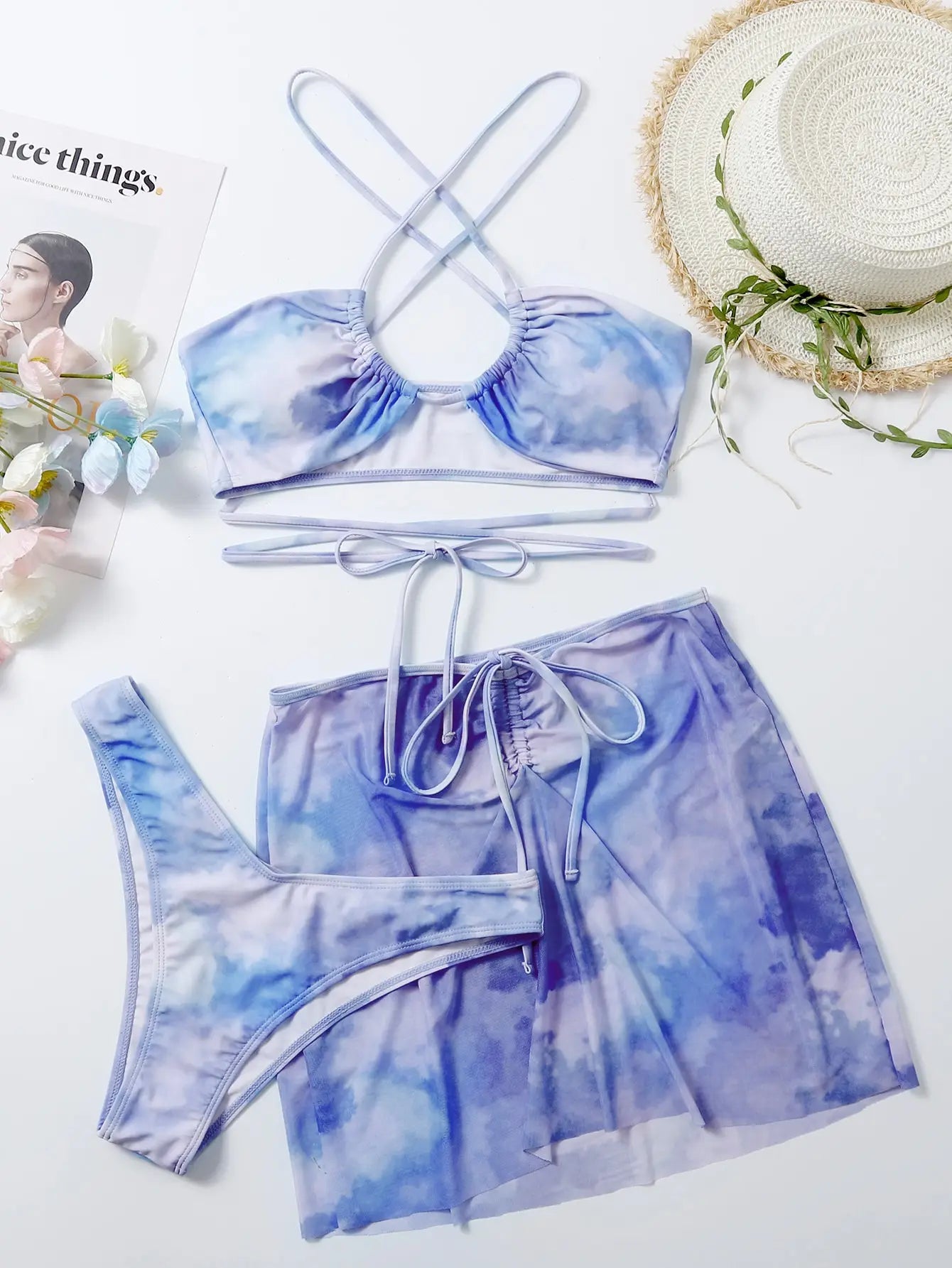 Maillot de bain 3 pièces tie-dye, ensemble deux pièces, jupe de plage, string, vêtements de plage, été