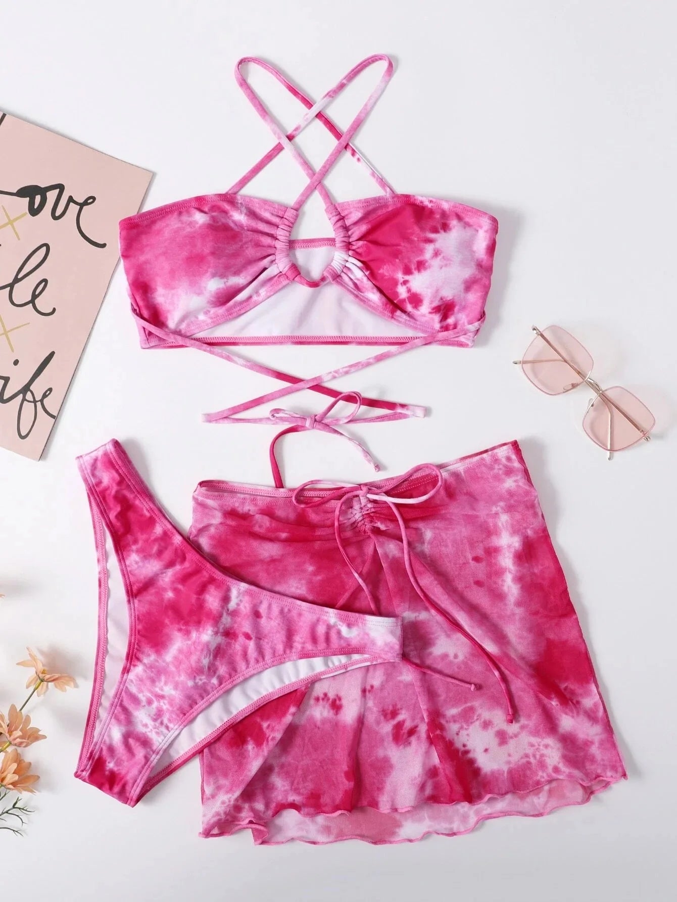 Maillot de bain 3 pièces tie-dye, ensemble deux pièces, jupe de plage, string, vêtements de plage, été
