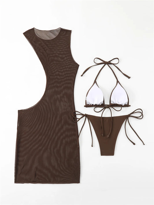 Maillot de bain marron à bretelles fines, robe de plage, cache-maillot en maille, décolleté licou